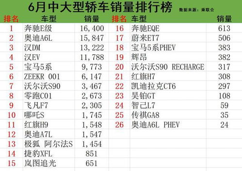 大型轿车销量排行榜前十名(大型骄车销量排名)